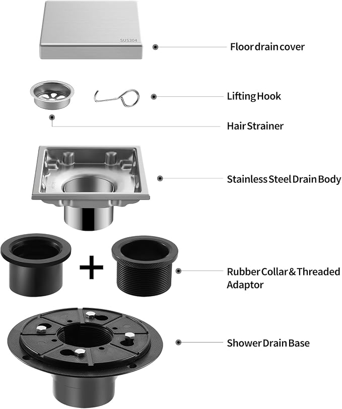 Hidden Brushed Square Shower Floor Drain, 304 Stainless Steel, - Image 2