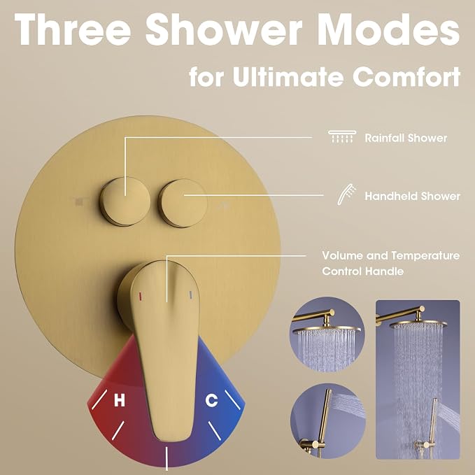 TRUSTMI Push Button Shower System, Brushed Brass Gold 10 Inch Rainfall Shower - Image 6