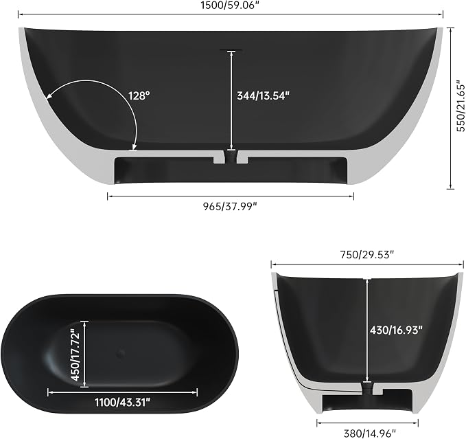 59'' Resin Stone Freestanding Bathtub, Matte Black Soaking Tub Solid Surface - Image 4