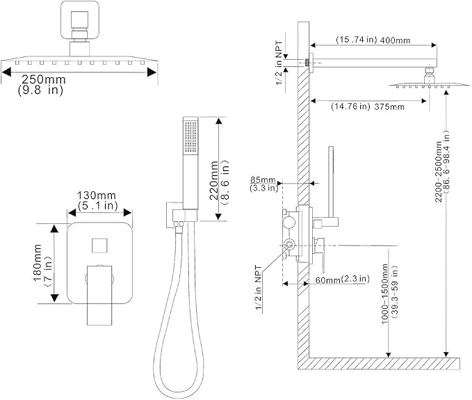 Matte Black Shower System YCAIKOI Wall Mount Shower Faucet Set - Image 7