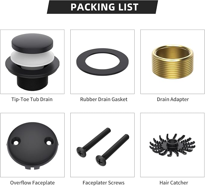 Matte Black Tub Drain Kit, Tip-Toe Bathtub Drains and Overflow Trim Set - Image 5