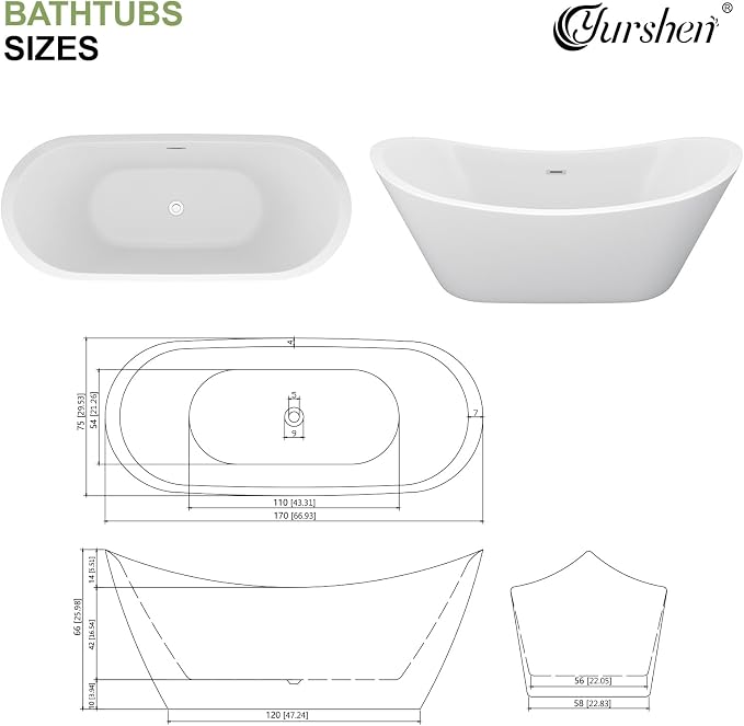67" Freestanding Acrylic Bathtub – White Double Slipper Soaking Tub - Image 8