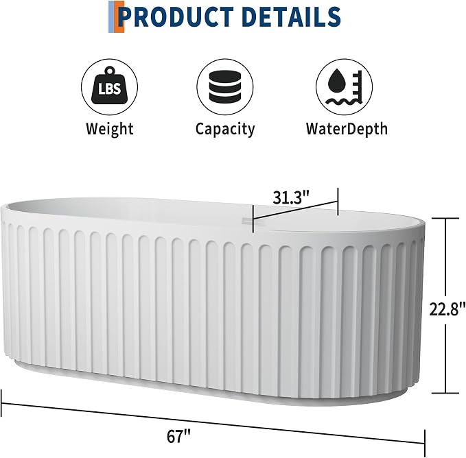 67" Freestanding Bathtub, Deep Soaking Tub - Image 2