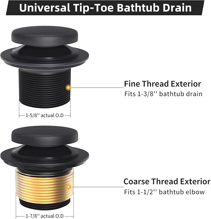 Matte Black Bath Tub Drain and Overflow Kit, Universal All Metal Tip-Toe - Image 4