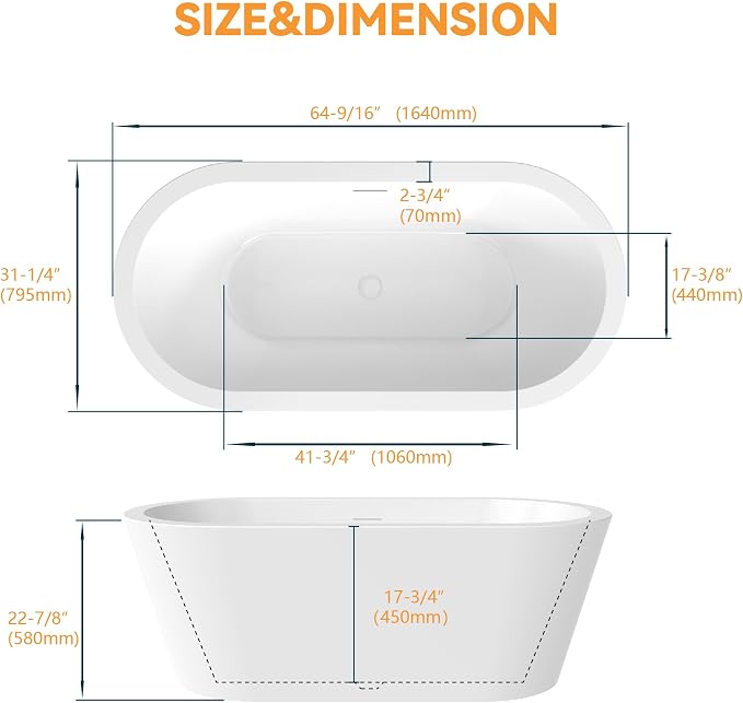 64" Acrylic Freestanding Bathtubs, Stand Alone Tub, Soaking Tubs - Image 9