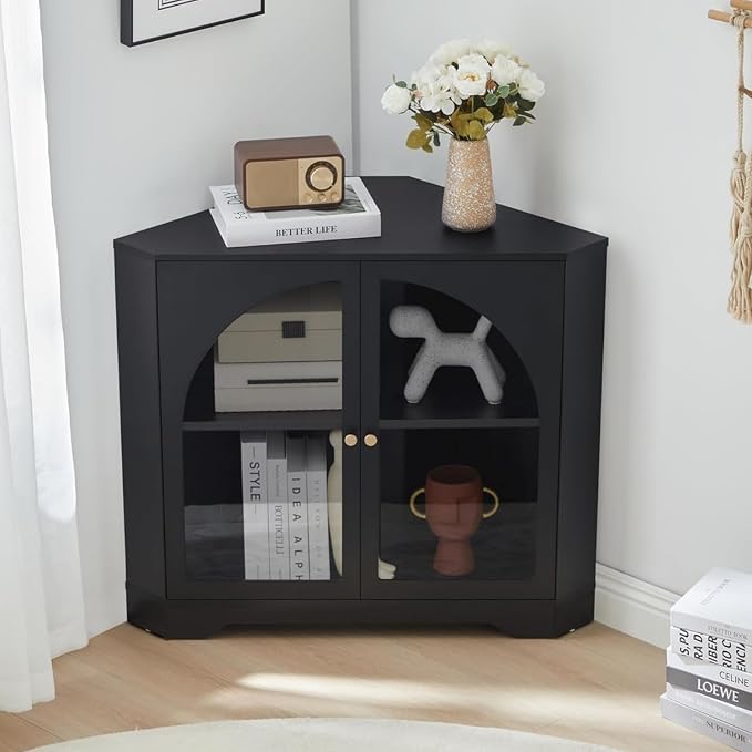 AVZEAR Modern Corner Cabinet, Mid Century Curved Corner Storage Shelf by AVZEAR