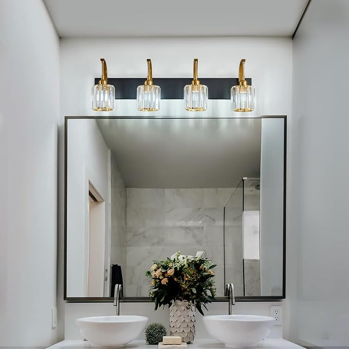 4-Light Crystal Vanity Light, Modern Black Gold Bathroom Wall Sconce - Image 3