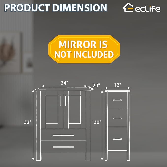 eclife 24" Modern Bathroom Vanity Sink Combo Freestanding Cabinet - Image 3