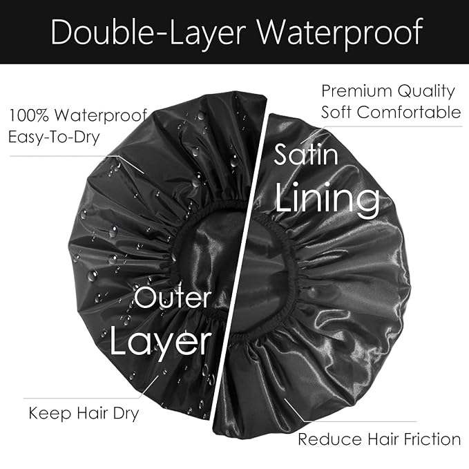 Auban Extra Large Shower Cap, Double-Layer Waterproof Reusable, XL Satin Lining - Image 5