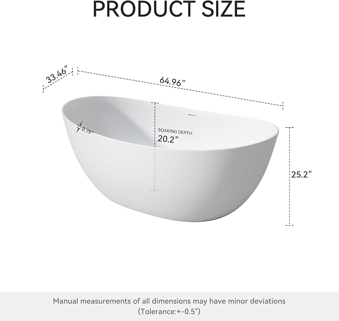 65" Premium Solid Surface Freestanding Bathtub, Contemporary Design Stand Alone - Image 4