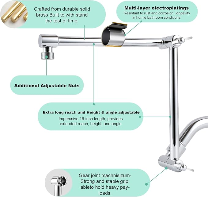 Shower Head Extension Arm, 16 Inch Solid Brass Adjustable Extender - Image 5