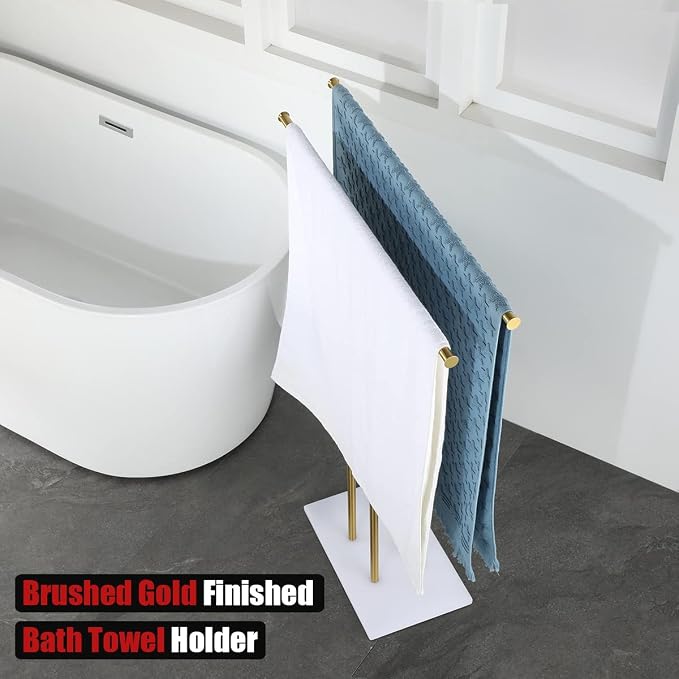 JQK Bath Towel Holder Stand Brushed Gold, 30 Inch Free Standing Double Towel - Image 5