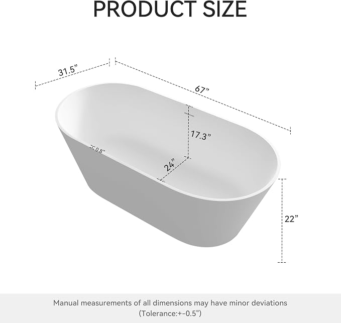 67" Premium Solid Surface Freestanding Bathtub, Upgraded Oval Stone Resin - Image 3