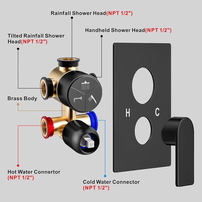 Shower Faucet Set, 3-Setting Push Button Matte Black Shower System, 12 Inch - Image 6
