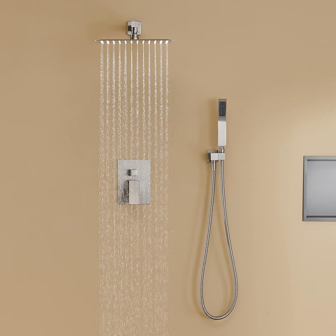 Rain Shower System 12 Inches Shower Combo Set Brushed Nickel Wall Mount Faucet - Image 4