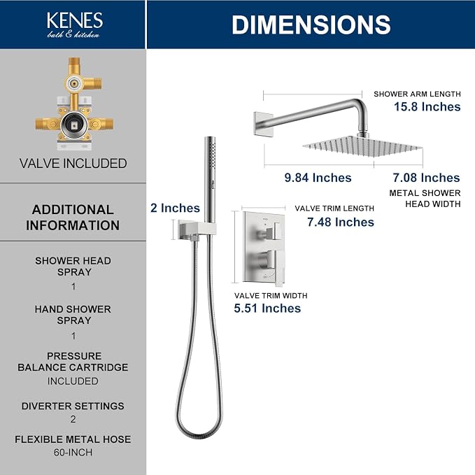 KENES Square Rainfall Shower System Faucet Set, Brushed Nickel Rain Shower Head - Image 6