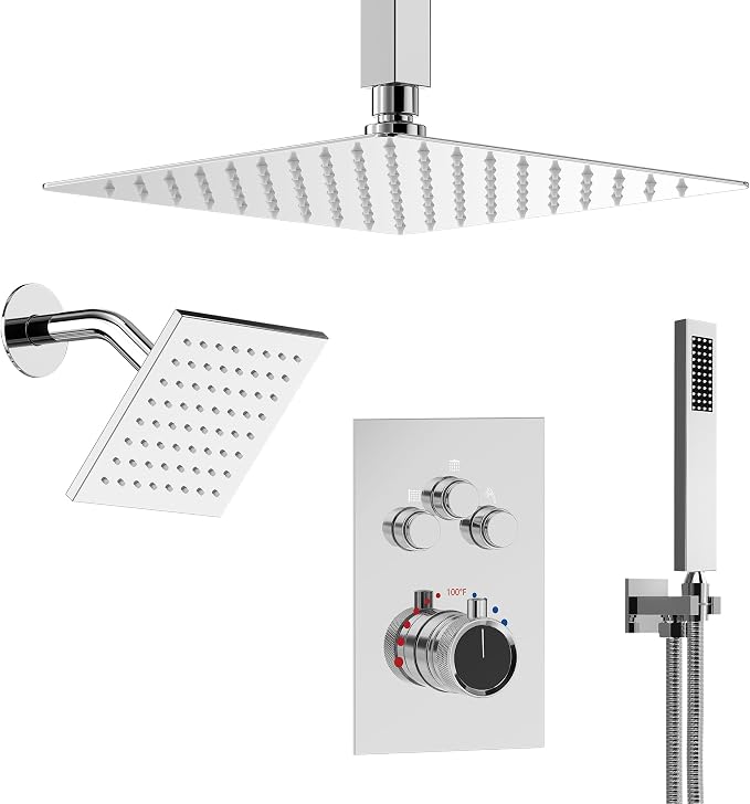 Ceiling Mount 12" High-Pressure Rainfall Shower Faucet, Dual Rainfall Shower by EVERSTEIN