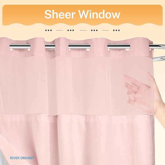 River Dream No Hooks Required Dotted Pink Shower Curtain - Image 5