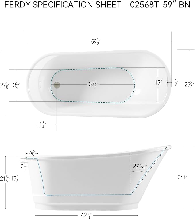 FerdY Langkawi 59" Acrylic Freestanding Bathtub, cUPC Certified, Brushed Nickel - Image 4