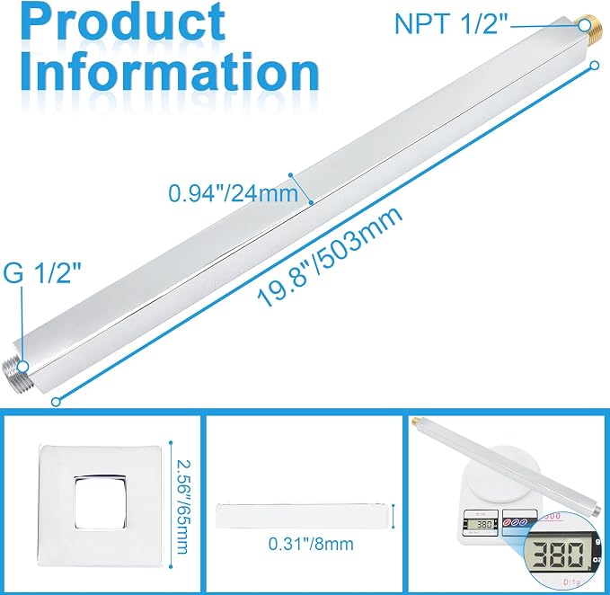 Ceiling Mount Shower Arm with Flange 20 Inches Square Straight Extender - Image 6