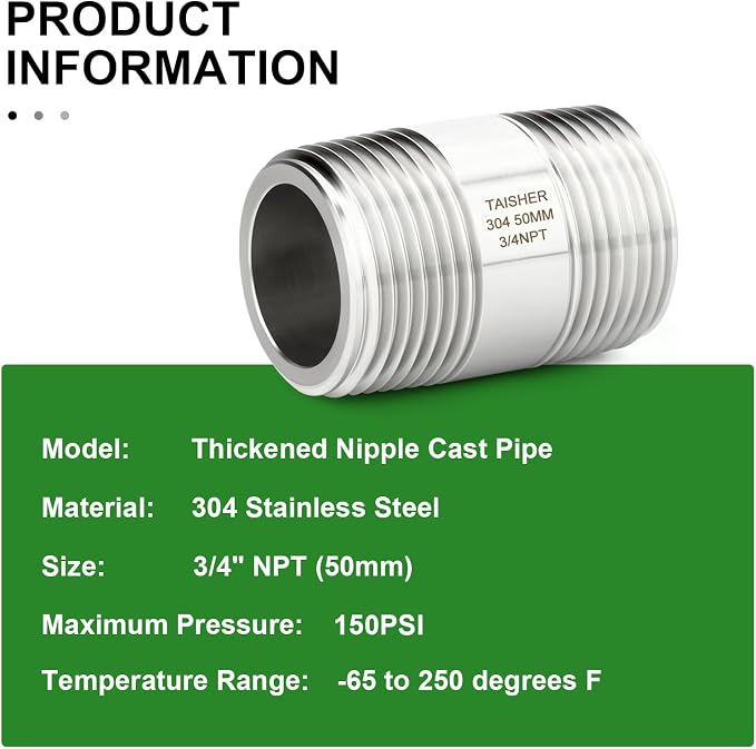 TAISHER 2PCS Stainless Steel Pipe Fittings, 3/4" NPT Male x 3/4" NPT Male - Image 5
