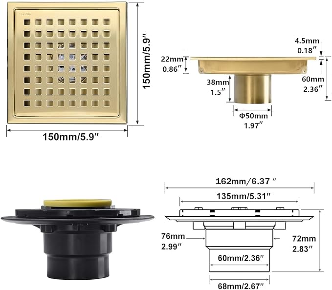 RANDOM Brushed Gold Shower Drain Square 6 Inch Shower Drain Cover Kit - Image 2