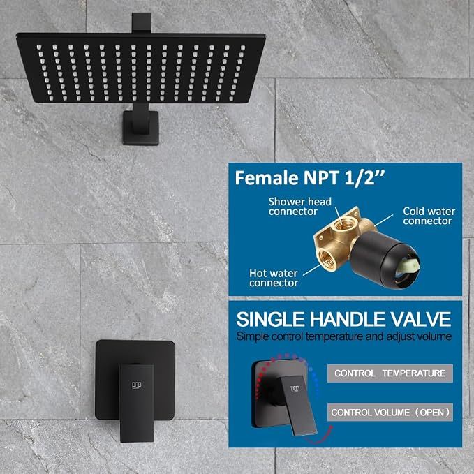 POP SANITARYWARE Matte Black Shower Faucet Set, Bathroom Rainfall Shower System - Image 4