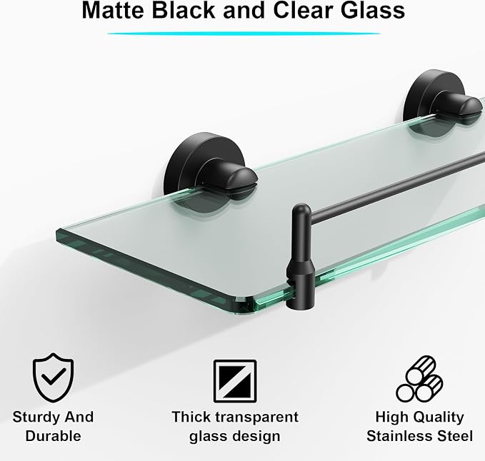 Glass Bathroom Shelves, Matte Black Floating Shelves - Image 5