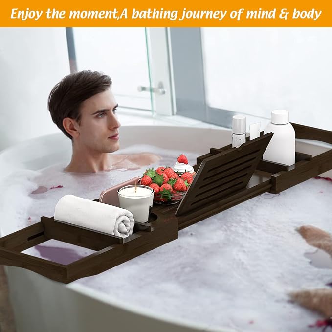 Bamboo Bathtub Tray for Luxury Bathroom, Expandable Premium Bath Tray w/Soap - Image 5