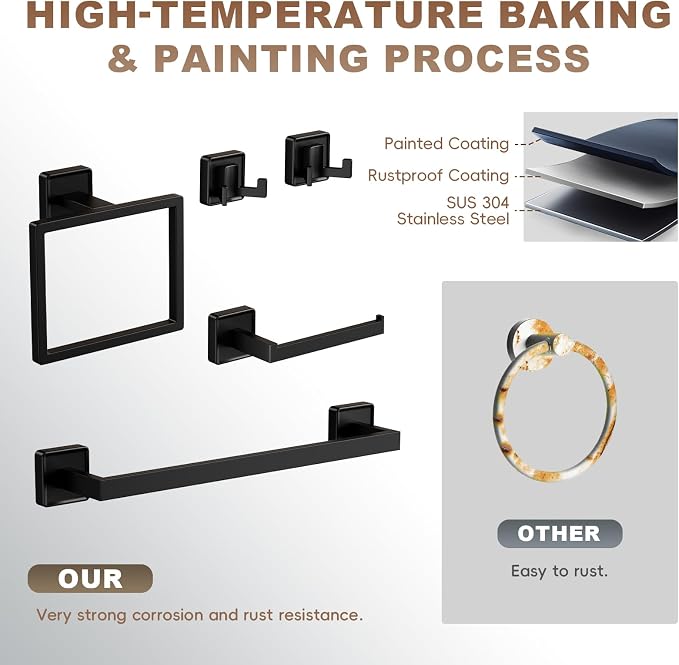 5-Pieces Matte Black Bathroom Hardware Accessories Set, SUS304 Stainless Steel - Image 4