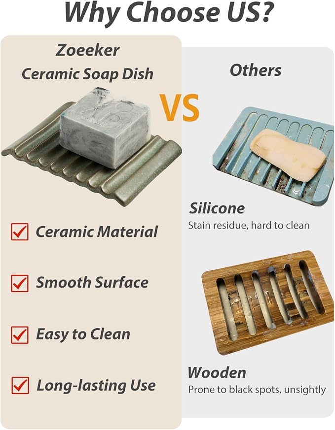 Soap Dish, Ceramic Soap Holder Bar Soap Saver Non-Slip Bathroom Accessories - Image 4