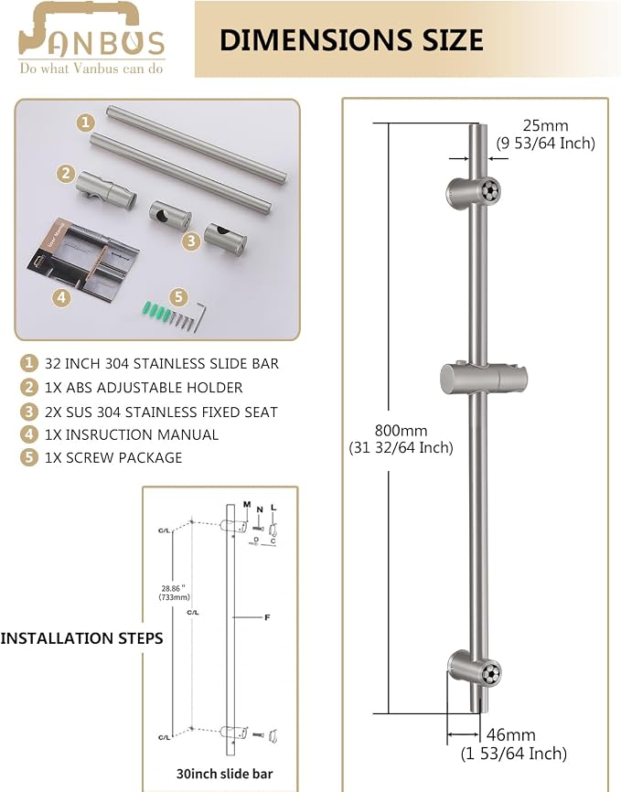 Brushed Nickel Shower Slide Bar 32 Inch - Image 7