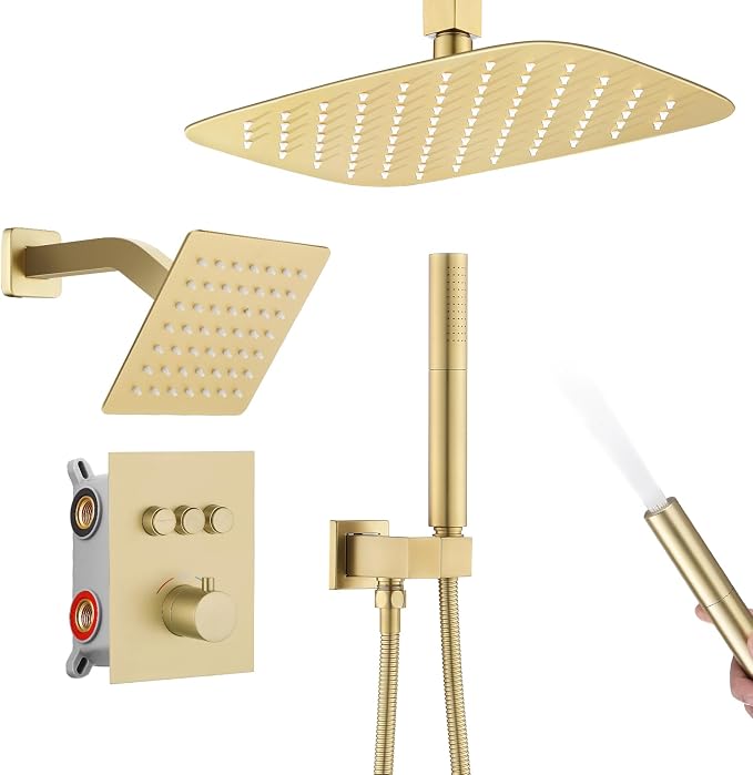 12 Inch Rain Shower System, Brushed Gold Shower Faucet Set by IDEALANDALTRUISTIC