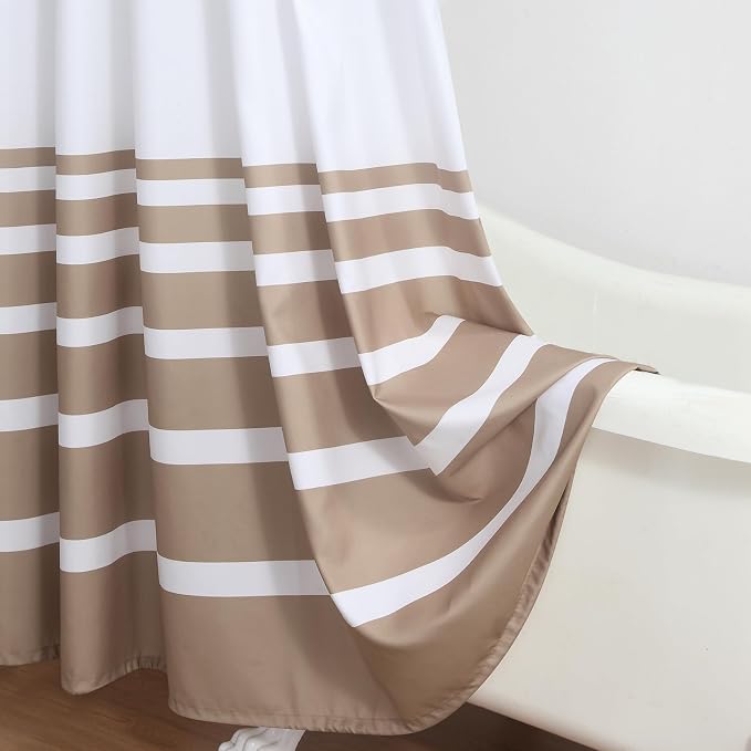 Beige and White Striped Shower Curtain 72x78 Inches, Waterproof Fabric - Image 6