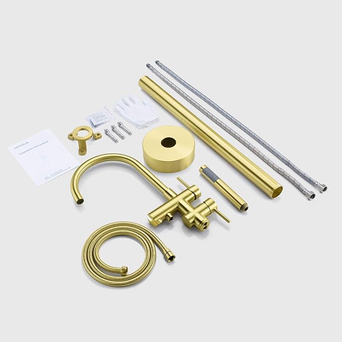 Freestanding Tub Filler Bathtub Faucet Brushed Gold Floor Mounted Brass Faucets - Image 7