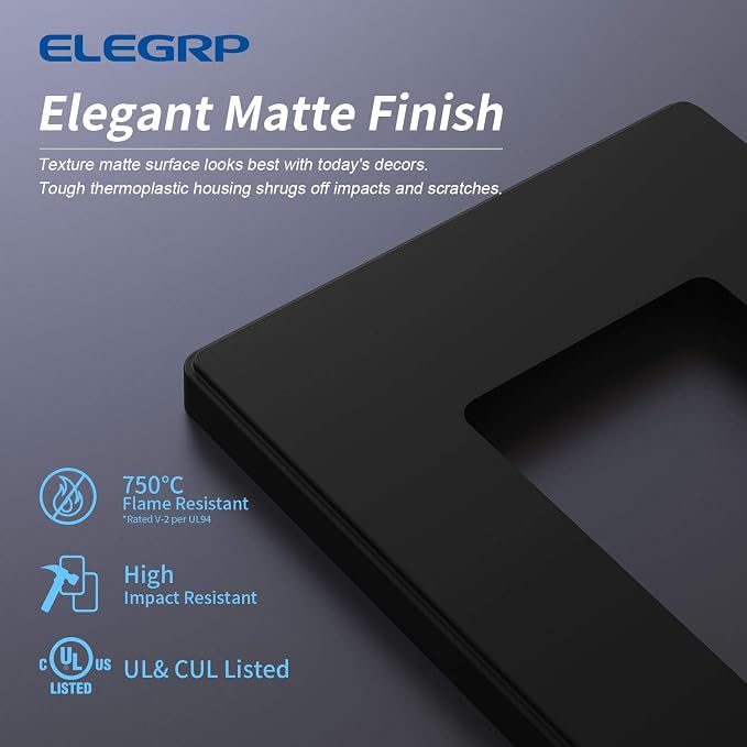 ELEGRP Matte Black 1-Gang Screwless Decorative Wall Plates, Standard Size - Image 2