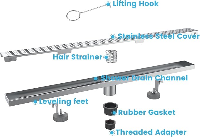 32 Inch Rectangular Shower Floor Drain, Brushed Nickel High Flow Shower Drain - Image 3