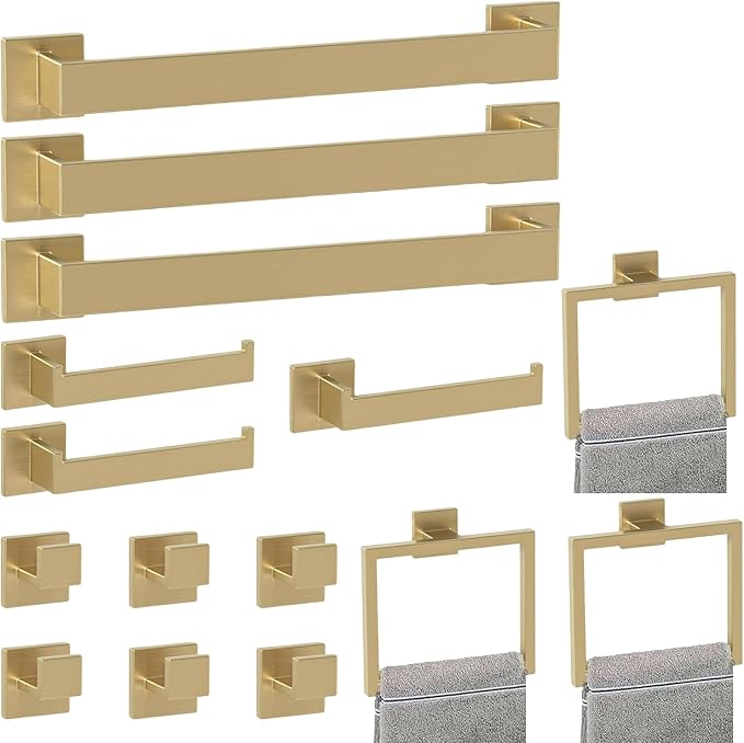 Bathroom Accessory Towel Bar Set: 15 Pieces Gold Bathroom Hardware Square by PAHSFSLLC