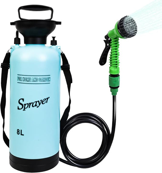 Portable Shower Blue 8L with 7 Spray Modes, Hand Press with Removable Hose and by JIESIHAO