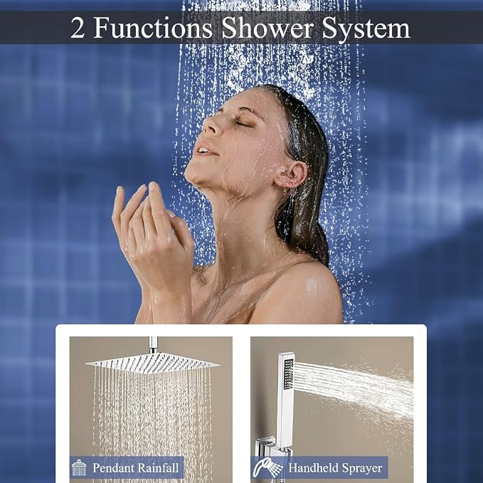 12 Inch Polish Chrome Ceiling Mount Shower System Bathroom Luxury Rain Mixer - Image 3