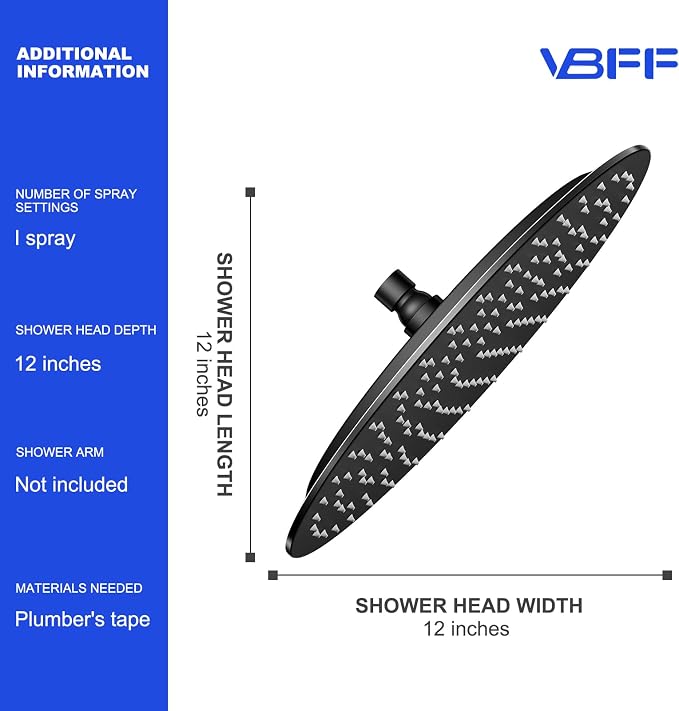 VBFF-Shower Head, rain shower head, 12 inch- Round Shower Head, 1.8 GPM Flow - Image 6