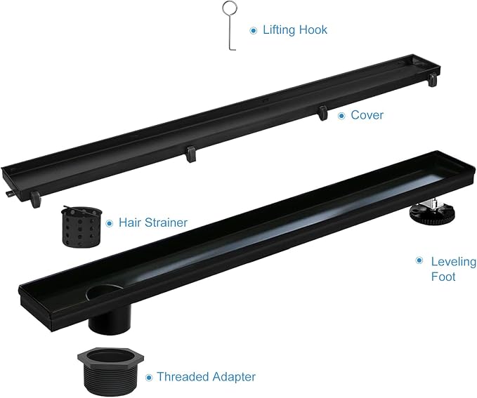 Offset Linear Shower Drain, Brushed 304 Stainless Steel Side Outlet Black - Image 2