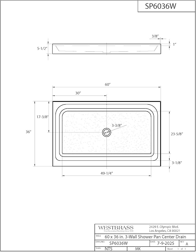 Westbrass SP6036WP-12 60" x 36" 3-Wall Shower Pan - Image 9