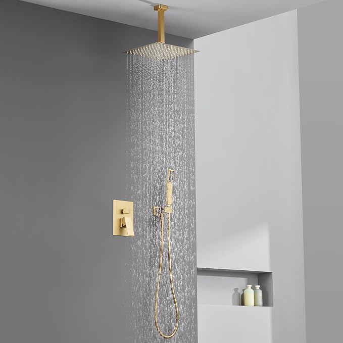 Shower System 12 Inches Rain Shower Combo Set Brushed Gold Ceiling Mount Shower - Image 4