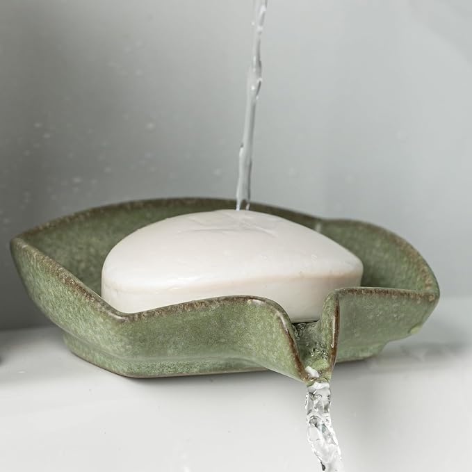 Self Draining Soap Dish, Ceramic Drain Soap Holder Waterfall Design Soap Saver by LAUCHUH
