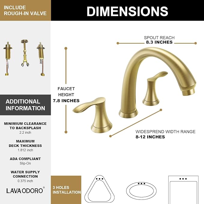 Lava Odoro Brushed Gold Roman Tub Faucet, 2 Handle Bathtub Faucet - Image 5