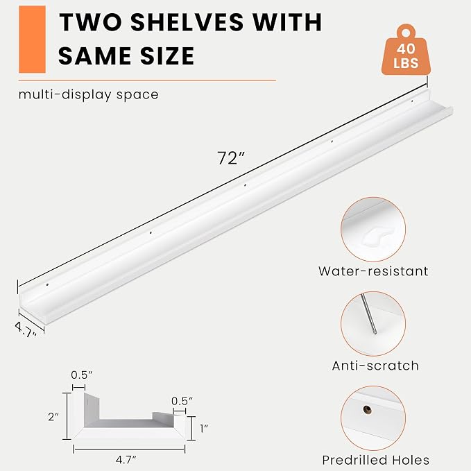 Heimlove Picture Ledge Shelf, Floating Shelves Set of 2, 72 Inches Long Large - Image 3