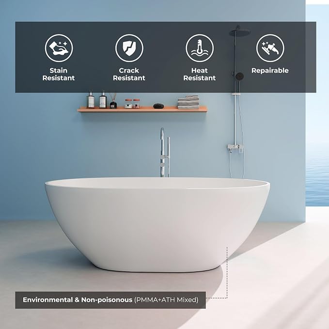 Upgraded 61" Solid Surface Freestanding Bathtub, Oval Stone Resin Tub - Image 3