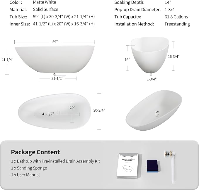 Abruzzo 59" Small Freestanding Bathtub Solid Surface - Image 3