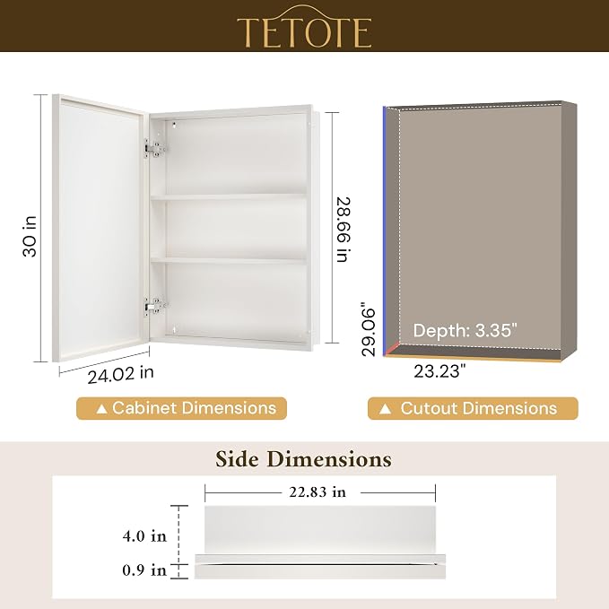TETOTE White Medicine Cabinet Storage 24" x 30" Medicine Cabinet - Image 2